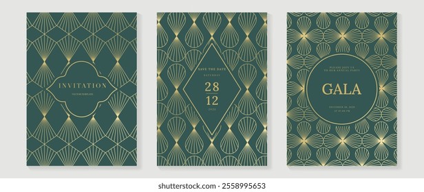 Gala invitation luxury pattern cover vector set. Golden elegant wavy gold line pattern on sage green background. Premium design illustration for wedding, vip cover template, grand opening, flyer.