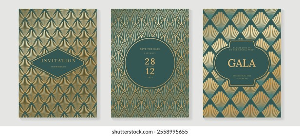 Gala invitation luxury pattern cover vector set. Golden elegant wavy gold line pattern on sage green background. Premium design illustration for wedding, vip cover template, grand opening, flyer.