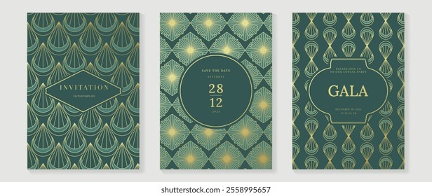 Gala invitation luxury pattern cover vector set. Golden elegant wavy gold line pattern on sage green background. Premium design illustration for wedding, vip cover template, grand opening, flyer.