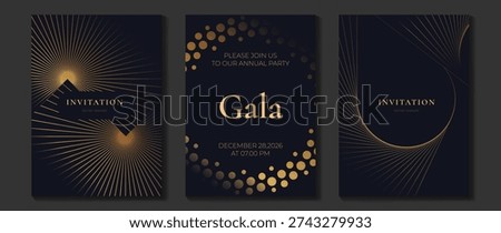 Gala invitation vector template with gold foil details on black background. Luxury elegant design for special event invitations and wedding cards.