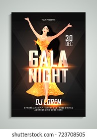 Gala night flyer or banner design with young female singer in shiny golden outfits.