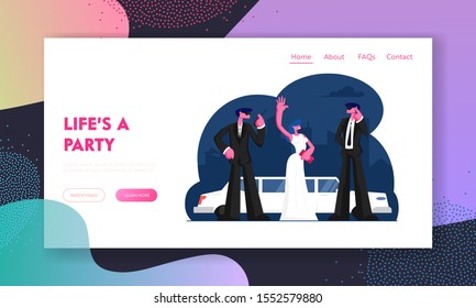 Gala Show Website Landing Page. Young Woman Celebrity Waving Hand near Limousine. Girl with Guardians on Red Carpet Award Ceremony. Luxury Lifestyle Web Page Banner. Cartoon Flat Vector Illustration