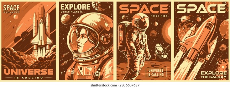 Galactic adventures set posters monochrome with people in spacesuits for spacewalks and shuttles flying among planets vector illustration