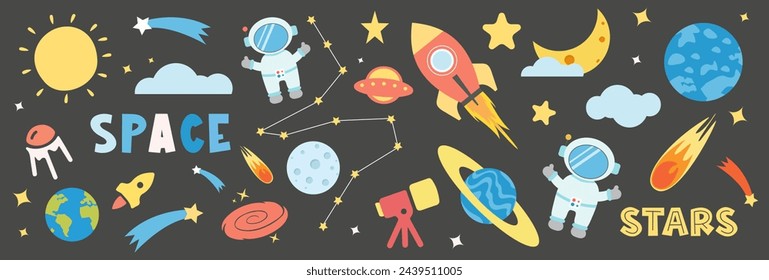 Galactic Collection of Doodle Spaceships and Planets.Vector Illustration