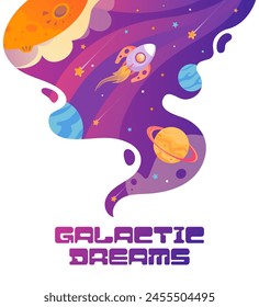 Galaktische Träume. Vorlage Banner, Universum. Weltraumfahrt. Eine Rakete fliegt zwischen Planeten und Sternen. Space Landschaft, Shuttle, UFO, Zukunft. Für Plakate, Postkarten, Design-Elemente.