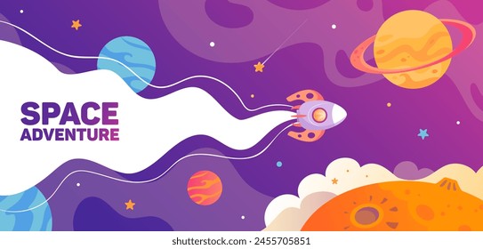 Galactic dreams. Template horizontal banner, universe. Space trip. A rocket flying among planets and stars. Space landscape, shuttle, UFO, future. For posters, postcards, design elements.