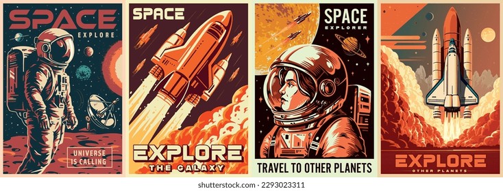 Galactic explore set posters colorful space shuttle at moment takeoff and astronauts on surface mars in search aliens vector illustration