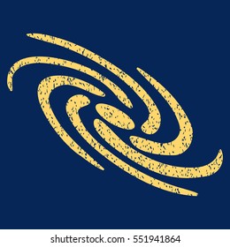 Galactic grainy textured icon for overlay watermark stamps. Flat symbol with dust texture. Dotted vector yellow ink rubber seal stamp with grunge design on a blue background.