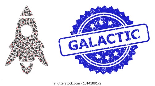 Galactic grunge seal imitation and vector recursive collage rocket start. Blue seal includes Galactic tag inside rosette. Vector collage is composed with randomized rotated rocket start pictograms.