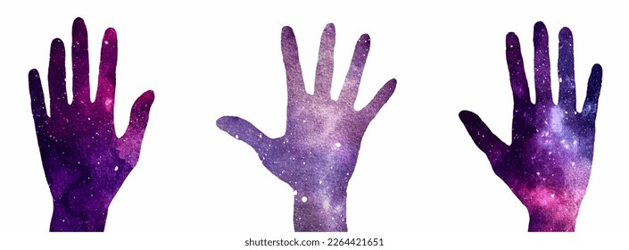 Mano galáctica aislada en fondo blanco. Ilustración de pintura creativa