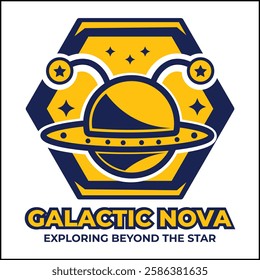 Galactic Nova logo illustration vector design with UFO in yellow and blue colors. suitable for logos, icons, posters, advertisements, banners, companies, t-shirt designs, stickers, websites.