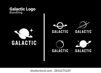 Galactic Planet Logo Set with Saturn Orbital Ring Silhouette and Minimalist Universe Space Eclipse Star Concept Bundle