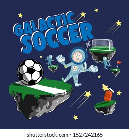 Galactic soccer. Astronauts playing soccer in space. Stars, rocks and some soccer elements.