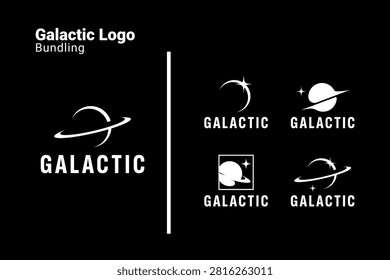 Galactic Space Logo Set with Minimalist Saturn Orbital Ring Line Art and Vintage Eclipse Cosmos Star Concept Bundle
