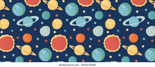 Galactic space seamless pattern with planets and stars. Children's illustration in flat style. Vector wallpaper background for children's room. Planets of the solar system on a dark background.