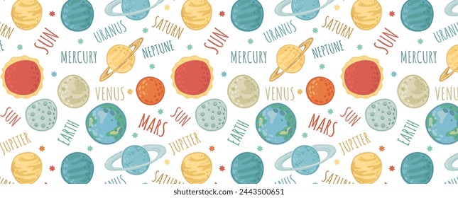 Galactic space seamless pattern with planets and stars. Children's illustration in flat style. Vector wallpaper background for children's room. Planets of the solar system on a white background.