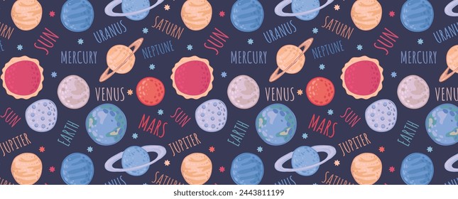 Galactic space seamless pattern with planets and stars. Children's illustration in flat style. Vector wallpaper background for children's room. Planets of the solar system on a dark background.