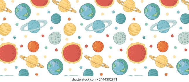 Galactic space seamless pattern with planets and stars. Children's illustration in flat style. Vector wallpaper background for children's room. Planets of the solar system on a light background.