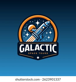 Galactic space tours logo with rocket ship and stars in retro badge style for futuristic branding and sci-fi projects 
