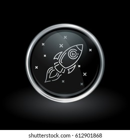 Galactic spacecraft symbol with flying rocket icon inside round chrome silver and black button emblem on black background. Vector illustration.