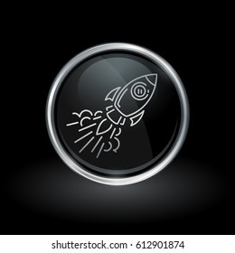 Galactic spacecraft symbol with flying rocket icon inside round chrome silver and black button emblem on black background. Vector illustration.