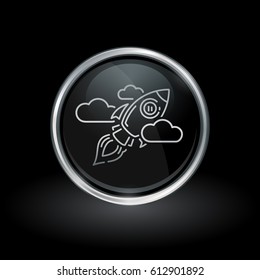 Galactic spacecraft symbol with flying rocket icon inside round chrome silver and black button emblem on black background. Vector illustration.