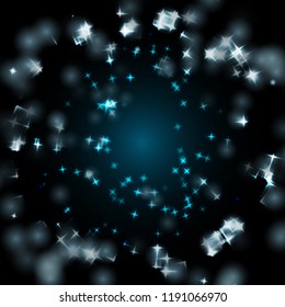 Galactic sparkle star pattern or background with exploding fireworks. Swirling glowing stars in the dark starry night sky with space for text vector illustration