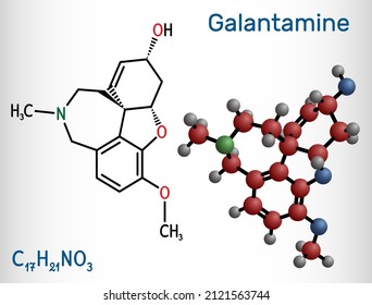 Galantamine molecule. It is tertiary alkaloid, used to trate dementia, Alzheimer's disease. Structural chemical formula and molecule model. Vector illustration