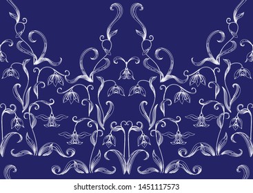 Galanthus, snowdrop. Imitation of traditional Japanese embroidery Sashiko. Spring flowers. Seamless pattern, background. Vector illustration. On navy blue background.	