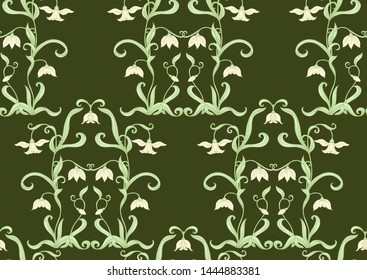 Galanthus, snowdrop, nivalis. Seamless pattern, background. Colored vector illustration. In art nouveau style, vintage, old, retro style. on army green background.	