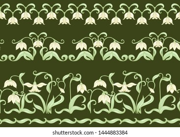 Galanthus, snowdrop, nivalis. Seamless pattern, background. Colored vector illustration. In art nouveau style, vintage, old, retro style. on army green background.	