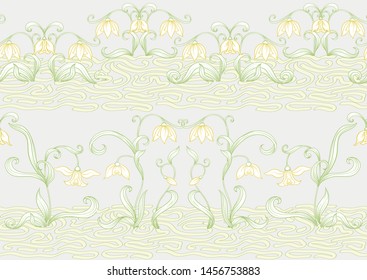Galanthus, snowdrop, nivalis. Seamless pattern, background. Colored line art vector illustration. In art nouveau style, vintage, old, retro style. on soft grey  background.	