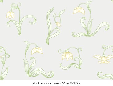 Galanthus, snowdrop, nivalis. Seamless pattern, background. Colored line art vector illustration. In art nouveau style, vintage, old, retro style. on soft grey  background.	