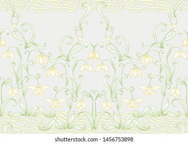 Galanthus, snowdrop, nivalis. Seamless pattern, background. Colored line art vector illustration. In art nouveau style, vintage, old, retro style. on soft grey  background.	