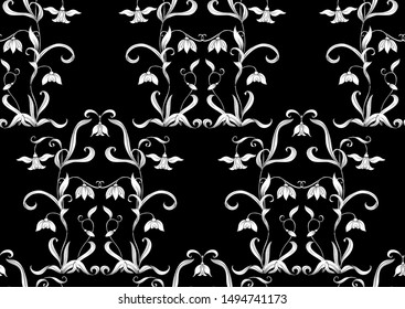 Galanthus, snowdrop, nivalis. Seamless pattern, background. Colored vector illustration. Black and white graphics. Vector illustration. In art nouveau style, vintage, old, retro style.	