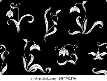 Galanthus, snowdrop, nivalis. Seamless pattern, background. Colored vector illustration. Black and white graphics. Vector illustration. In art nouveau style, vintage, old, retro style.	