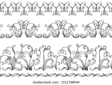 Galanthus, snowdrop, nivalis. Seamless pattern, background. Outline hand drawing vector illustration. In art nouveau style, vintage, old, retro style.	