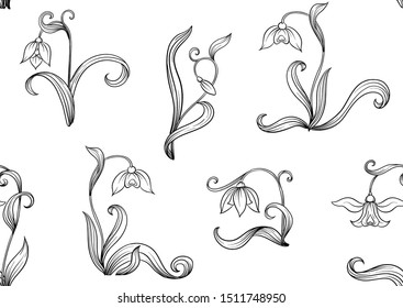 Galanthus, snowdrop, nivalis. Seamless pattern, background. Outline hand drawing vector illustration. In art nouveau style, vintage, old, retro style.	