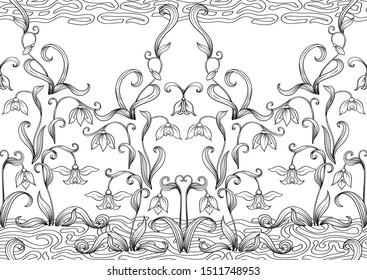 Galanthus, snowdrop, nivalis. Seamless pattern, background. Outline hand drawing vector illustration. In art nouveau style, vintage, old, retro style.	