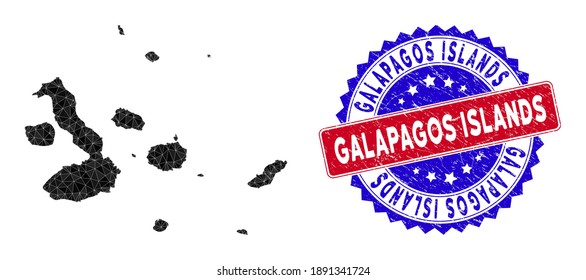 Galapagos Islands map polygonal mesh with filled triangles, and rubber bicolor stamp print. Triangle mosaic Galapagos Islands map with mesh vector model, triangles have variable sizes, and positions,