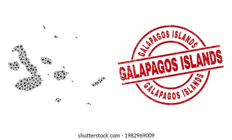 Galapagos Islands rubber seal, and Galapagos Islands map collage of airliner elements. Collage Galapagos Islands map designed with aeroplanes. Red seal with Galapagos Islands text,