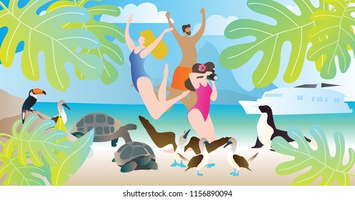 Galapagos islands tours vector illustration. Happy people enjoy vacation in ocean or sea beach with wildlife. Yacht or ship cruise to exotic turtles, birds and seal. Sunny sand destination in Ecuador.