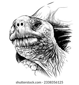 The Galapagos turtle. Graphic portrait of a giant turtle in sketch style on a white background. Digital vector graphics.