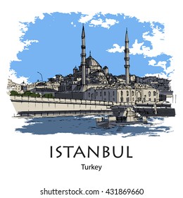 GALATA BRIDGE AND NEW MOSQUE, ISTANBUL, TURKEY - Galata bridge and New Mosque. Hand created sketch plus vector. Postcard