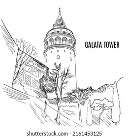 Galata Kulesi, Christea Turris, tower in Istanbul sketch line art, symbol of the city, Hand drawn travel website main page template or brochure for tourist.