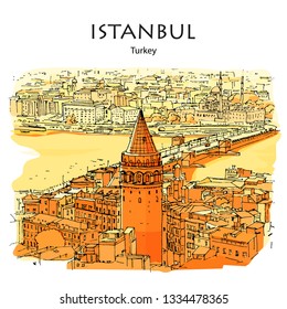 GALATA TOWER AND BRIDGE, ISTANBUL, TURKEY – Panoramic view to Golden Horn. Hand drawn sketch