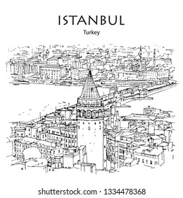 GALATA TOWER AND BRIDGE, ISTANBUL, TURKEY – Panoramic view to Golden Horn. Hand drawn sketch