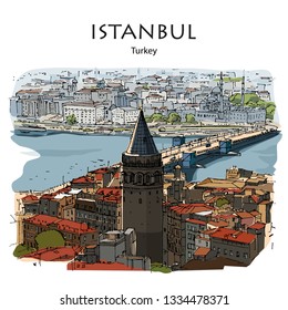 GALATA TOWER AND BRIDGE, ISTANBUL, TURKEY – Panoramic view to Golden Horn. Hand drawn sketch