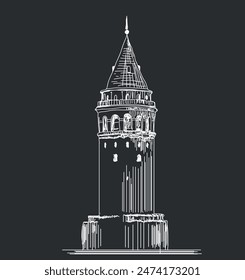 Galata-Turm in einem einfachen Skizzenstil schwarzer Hintergrund gezeichnet