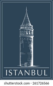 Galata Tower drawn in a simple sketch style. Isolated contour on blue background. EPS8 vector illustration.